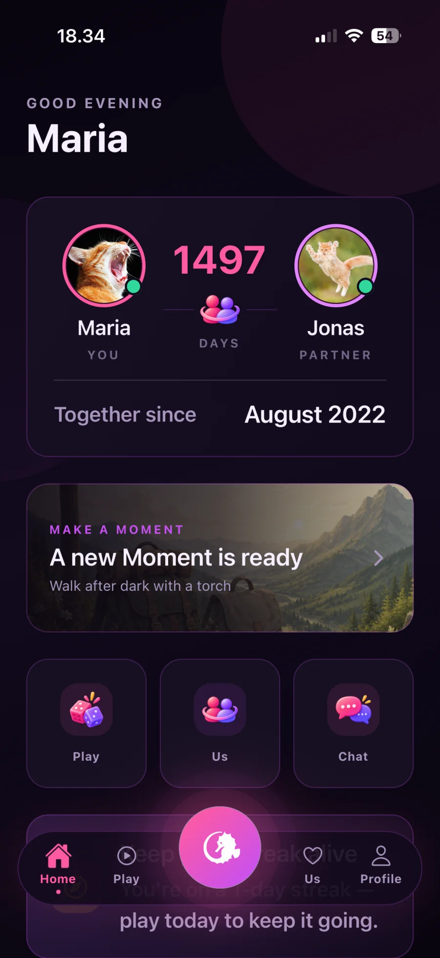 CoupleGoAI home screen showing a couple's shared streak, together-since date, and quick shortcuts