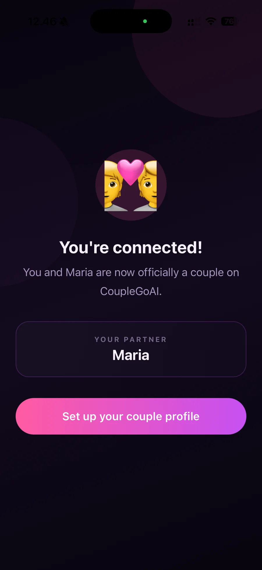 CoupleGoAI confirmation screen showing two partners successfully connected