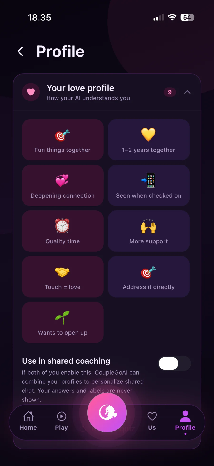 CoupleGoAI Love Profile showing what each partner enjoys, needs, and shares as a couple