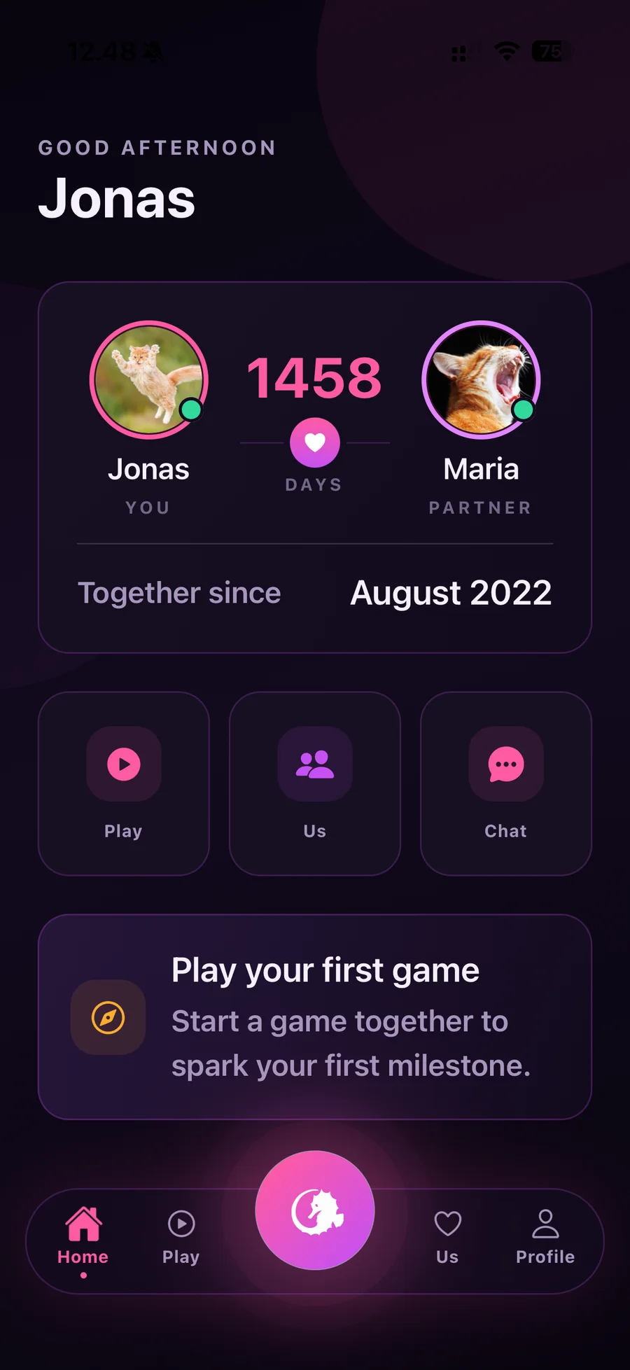 CoupleGoAI home showing a couple's relationship timeline, shared streak, and shortcuts