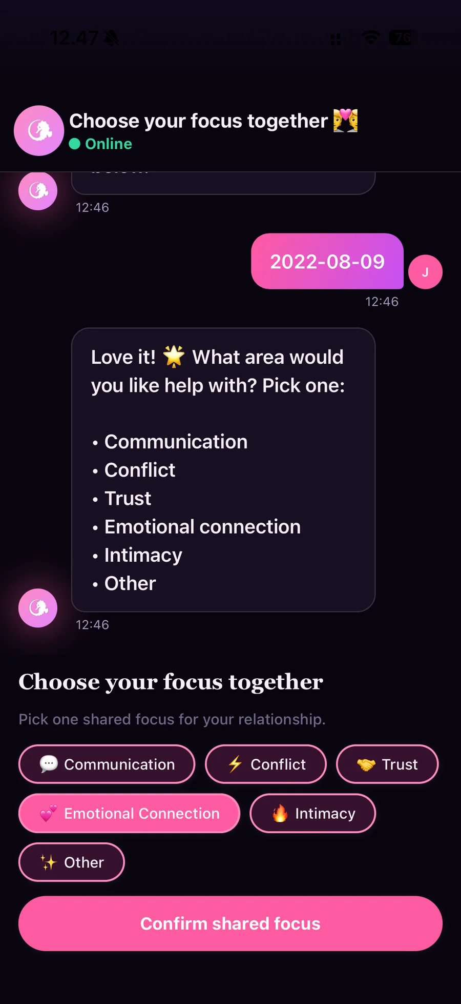 CoupleGoAI shared chat helping a couple choose an emotional connection focus