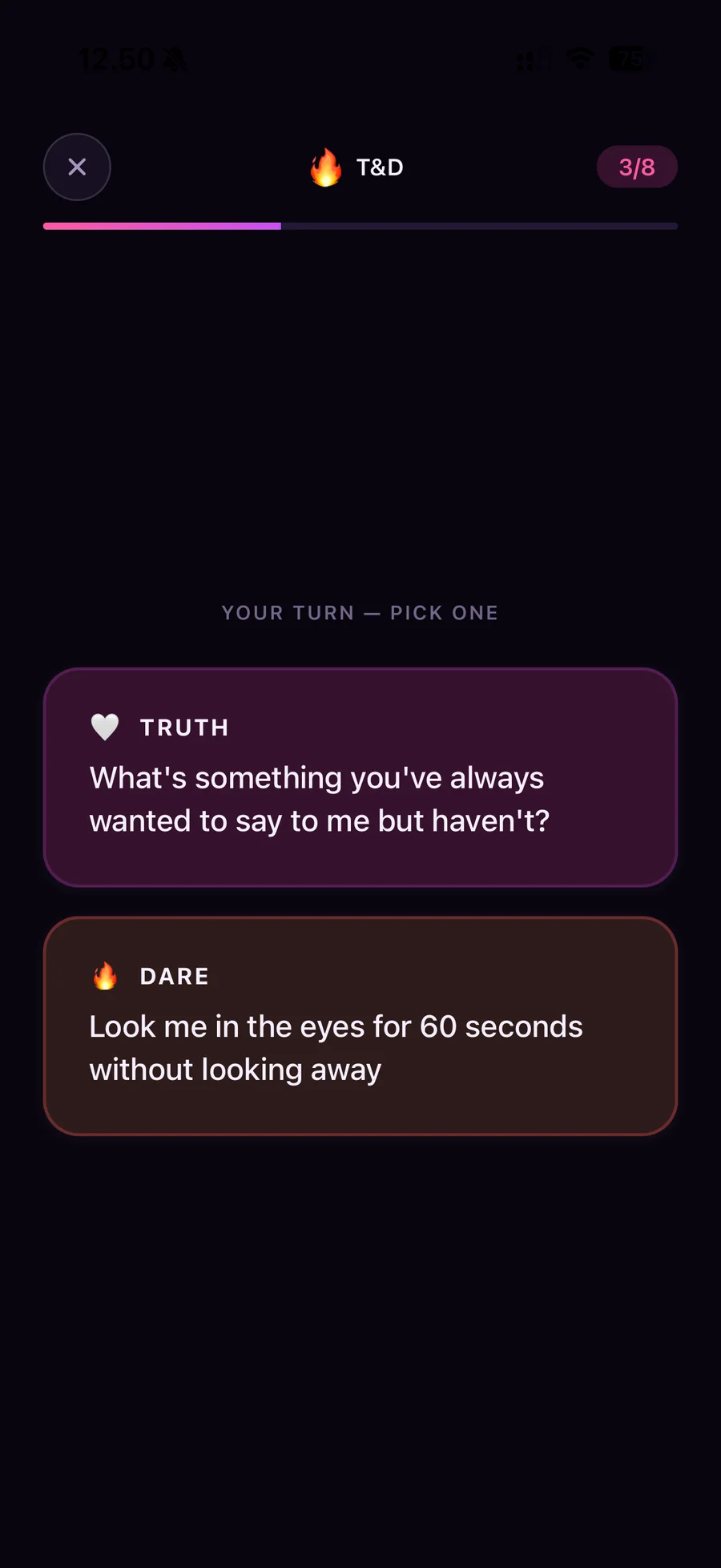 CoupleGoAI Truth or Dare game offering a thoughtful truth and a playful dare