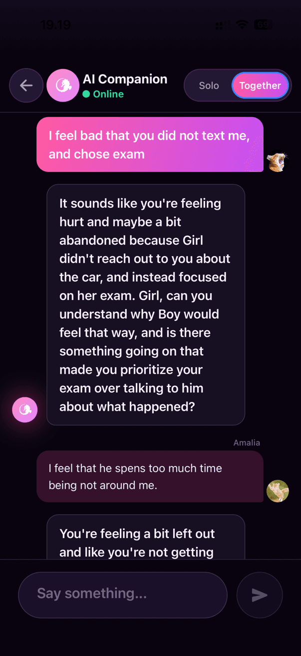 CoupleGoAI shared conversation where both partners talk with the Couple AI