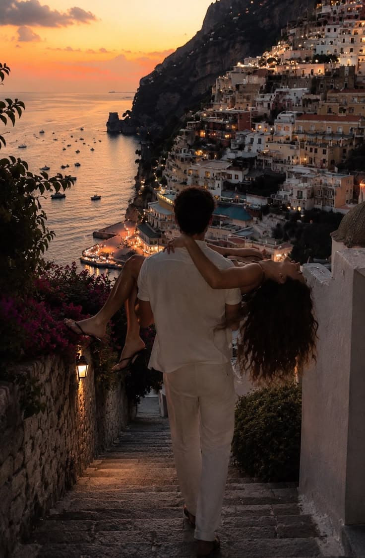 A couple looking over Positano at sunset