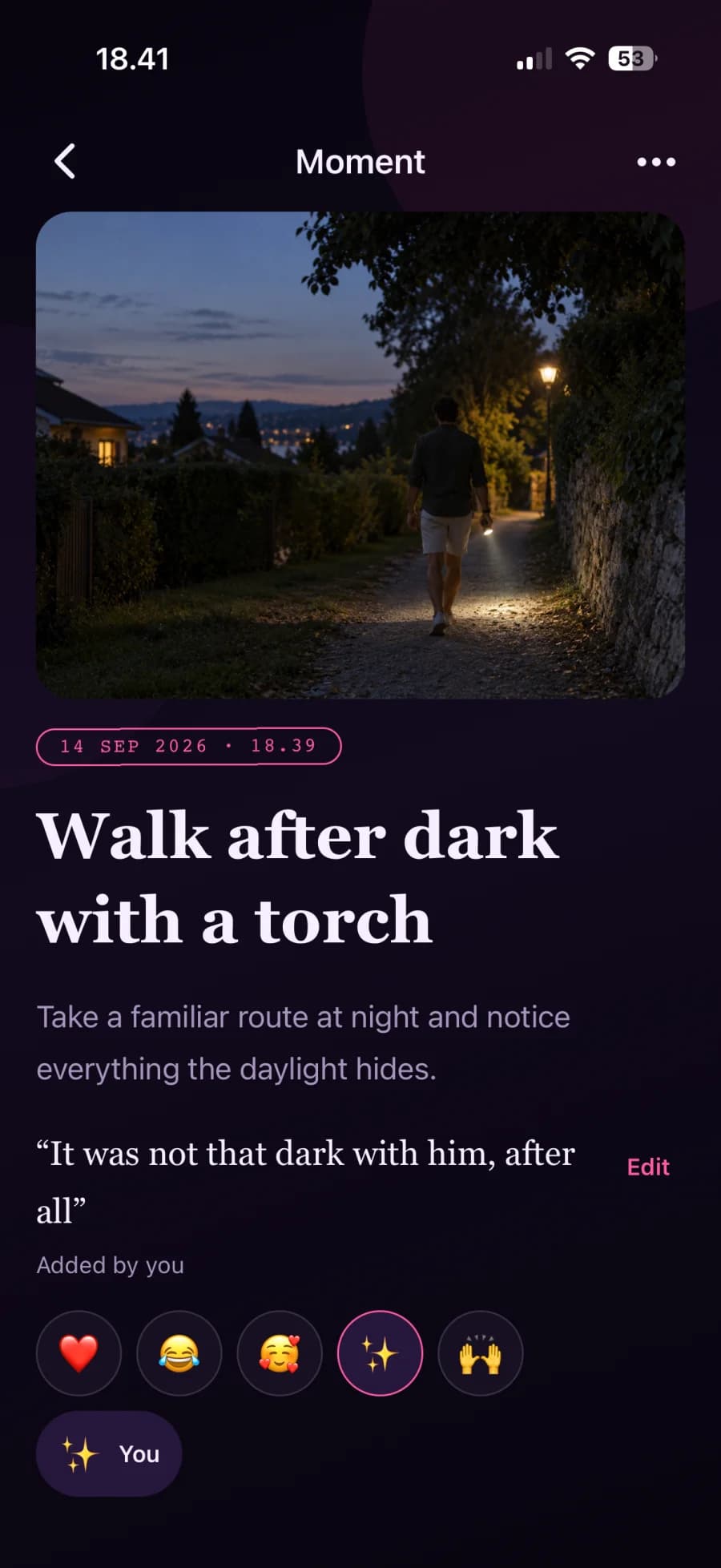 CoupleGoAI Moment screen for a walk after dark with a torch, with a photo and a shared note added