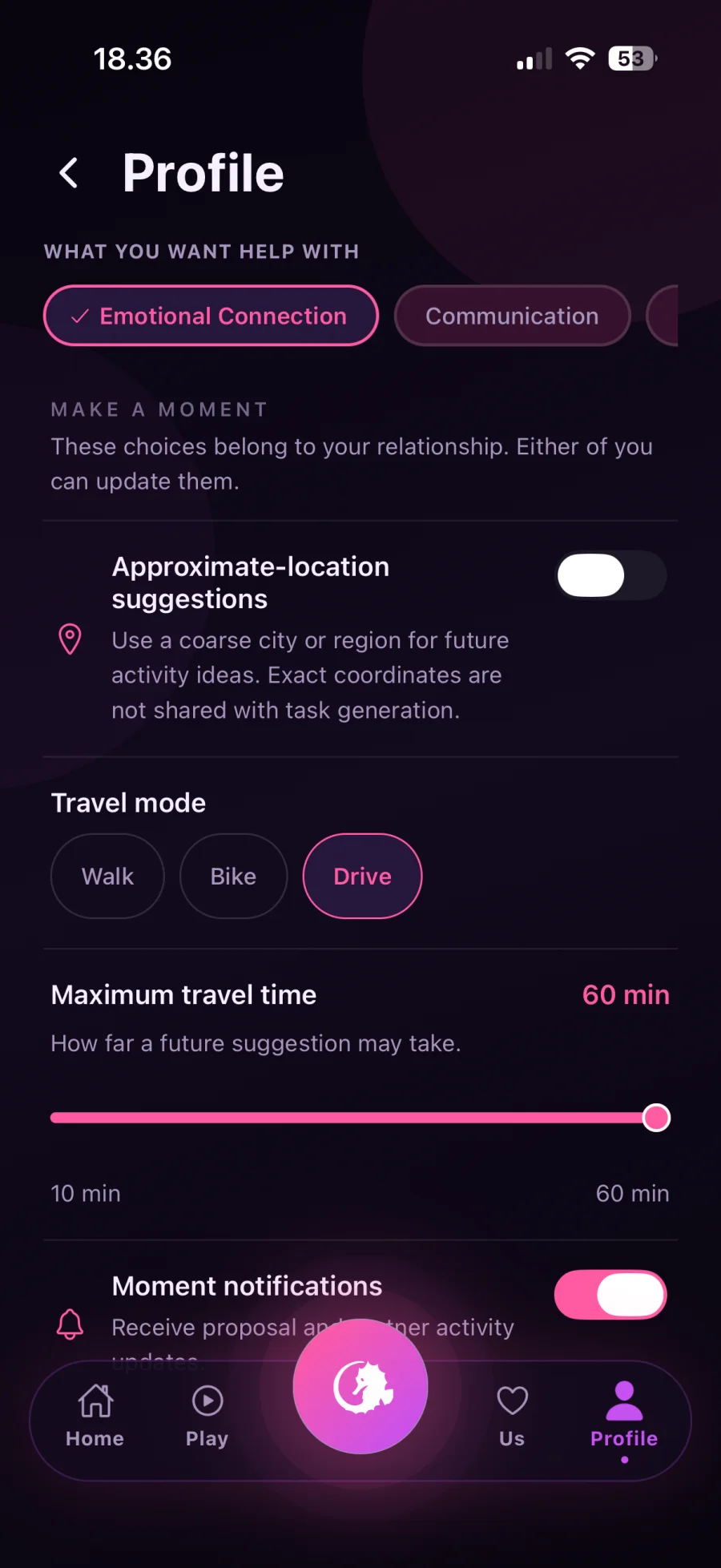 CoupleGoAI Profile screen for personalising Moment suggestions, travel mode, and distance