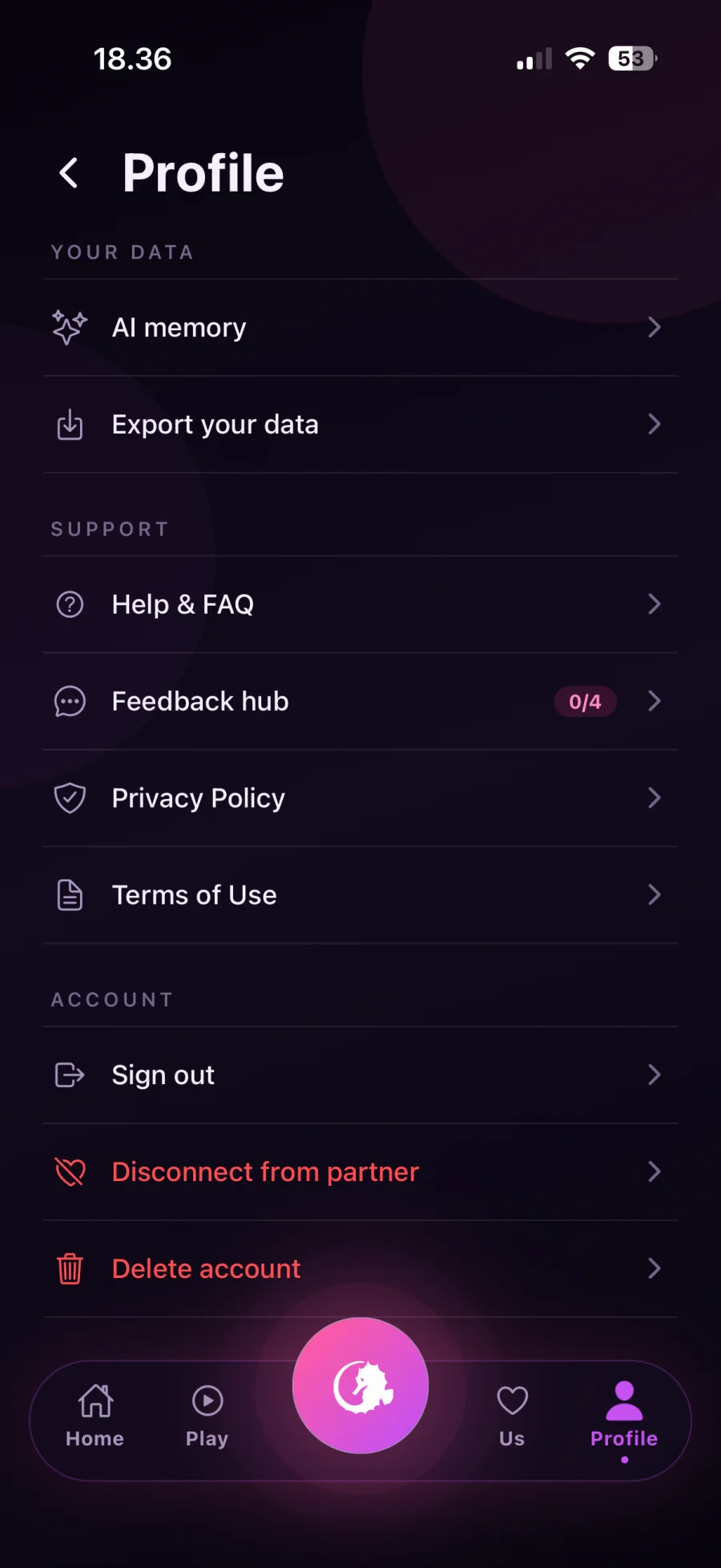 CoupleGoAI Profile screen with AI memory, data export, and privacy settings