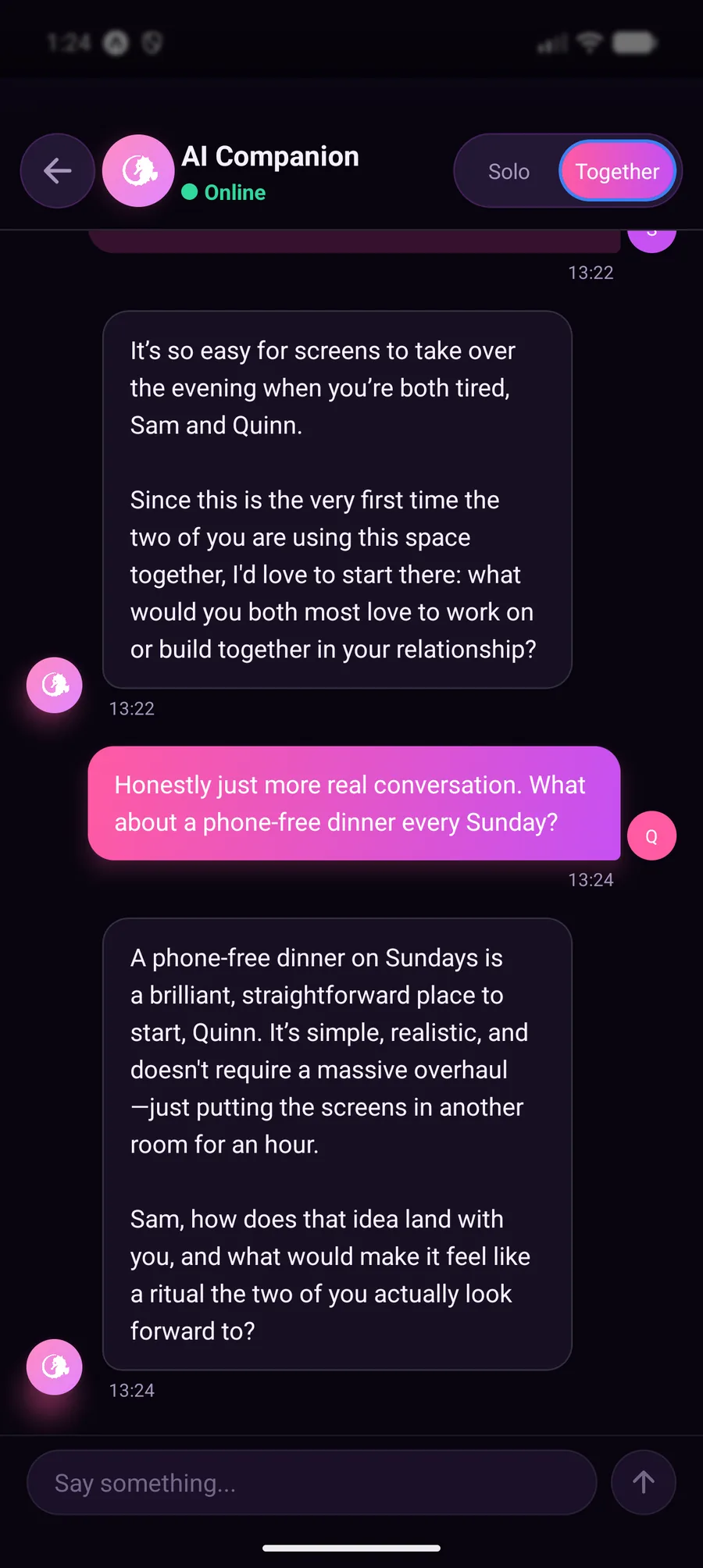 CoupleGoAI Together chat where the AI Companion helps a couple agree on a phone-free Sunday dinner